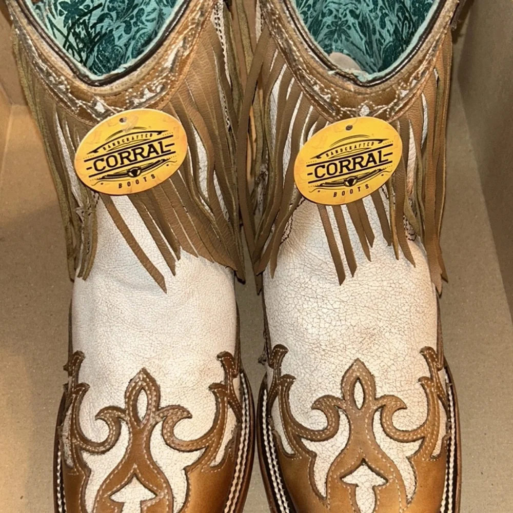 Corral Leather White/Brown Fringe Studs Square Mouth Boots(Size 9) - Picture 3 of 12